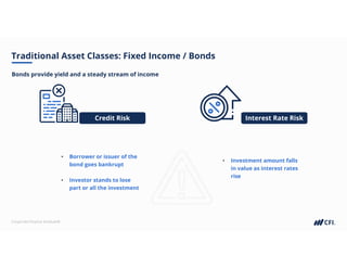 Corporate Finance Institute®
Traditional Asset Classes: Fixed Income / Bonds
Bonds provide yield and a steady stream of income
Credit Risk Interest Rate Risk
• Borrower or issuer of the
bond goes bankrupt
• Investor stands to lose
part or all the investment
• Investment amount falls
in value as interest rates
rise
 