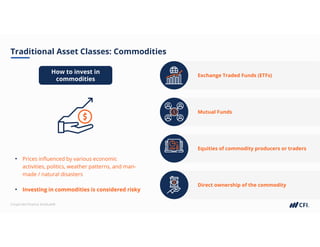 Corporate Finance Institute®
Traditional Asset Classes: Commodities
Exchange Traded Funds (ETFs)
Mutual Funds
Equities of commodity producers or traders
Direct ownership of the commodity
How to invest in
commodities
• Prices influenced by various economic
activities, politics, weather patterns, and man-
made / natural disasters
• Investing in commodities is considered risky
• Prices influenced by various economic
activities, politics, weather patterns, and man-
made / natural disasters
• Investing in commodities is considered risky
 