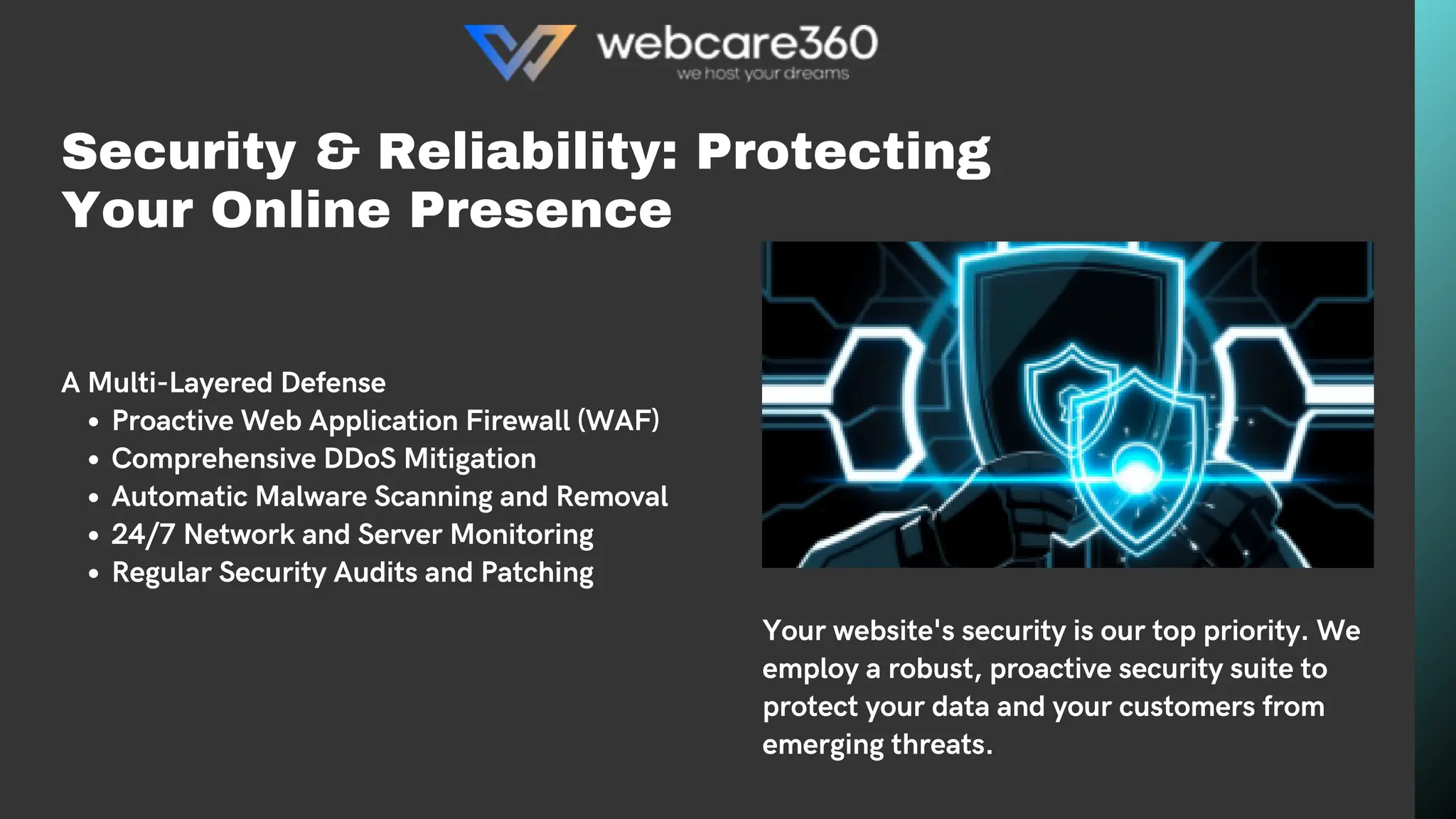 Security & Reliability: Protecting
Your Online Presence
A Multi-Layered Defense
Proactive Web Application Firewall (WAF)
Comprehensive DDoS Mitigation
Automatic Malware Scanning and Removal
24/7 Network and Server Monitoring
Regular Security Audits and Patching
Your website's security is our top priority. We
employ a robust, proactive security suite to
protect your data and your customers from
emerging threats.
 