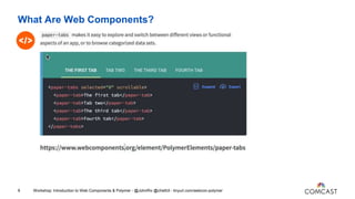 What Are Web Components?
9 Workshop: Introduction to Web Components & Polymer - @JohnRiv @chiefcll - tinyurl.com/webcon-po...