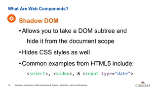 What Are Web Components?
Workshop: Introduction to Web Components & Polymer - @JohnRiv - tinyurl.com/lrtf-polymer14
•Allow...