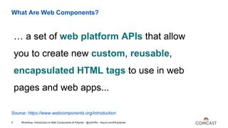 What Are Web Components?
Workshop: Introduction to Web Components & Polymer - @JohnRiv - tinyurl.com/lrtf-polymer4
… a set...