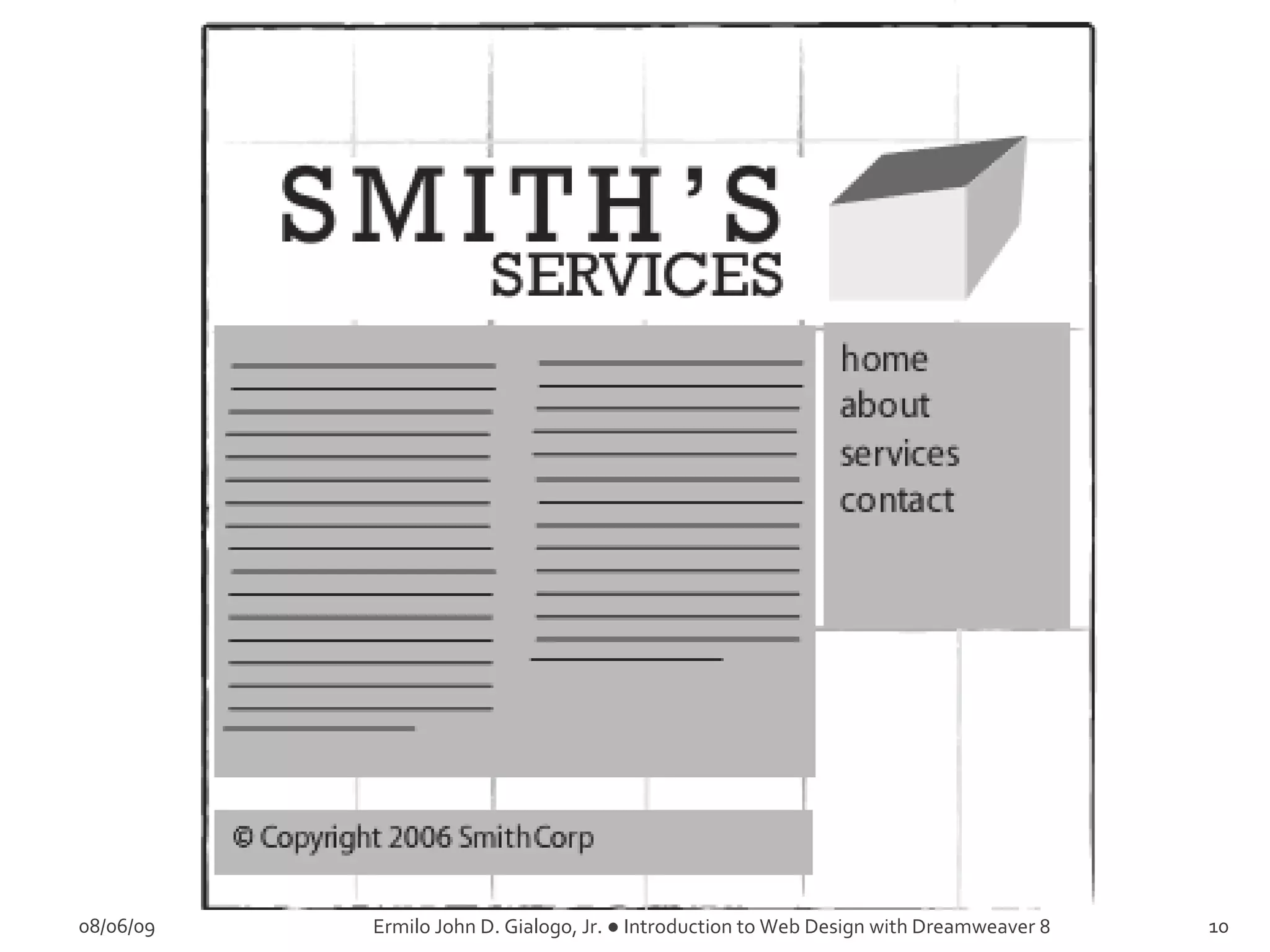 08/06/09 Ermilo John D. Gialogo, Jr. ● Introduction to Web Design with Dreamweaver 8 