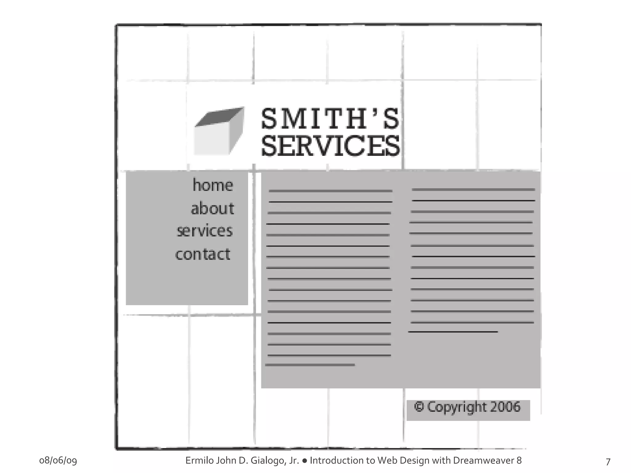 08/06/09 Ermilo John D. Gialogo, Jr. ● Introduction to Web Design with Dreamweaver 8 