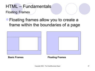 HTML – Fundamentals
Floating Frames

 Floating frames allow you to create a
  frame within the boundaries of a page




 Basic Frames                         Floating Frames


                  Copyright 2005 - The Small Business Depot   27
 