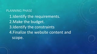 PLANNING PHASE
1.Identify the requirements.
2.Make the budget.
3.Identify the constraints
4.Finalize the website content and
scope.
 