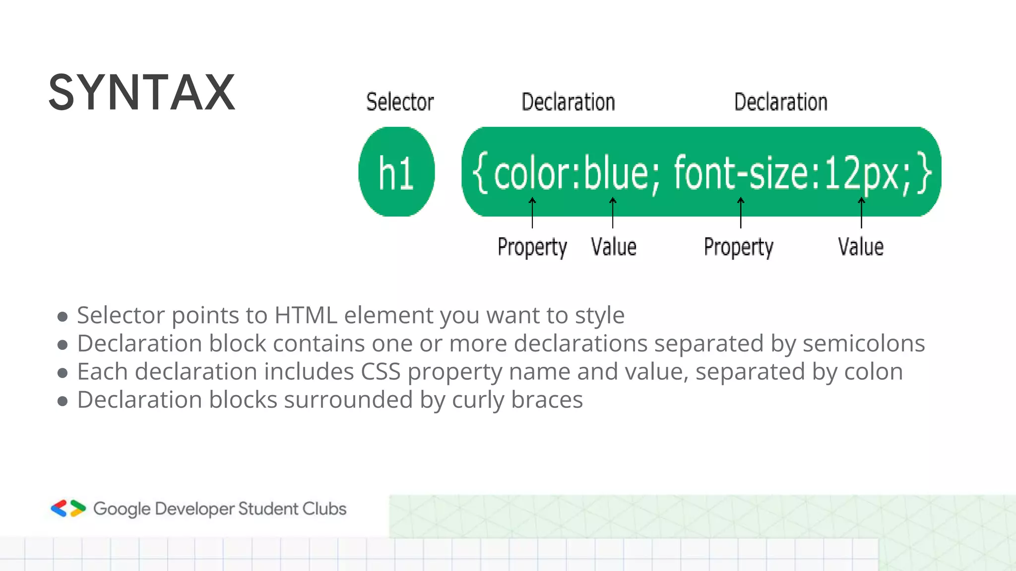 ● Selector points to HTML element you want to style
● Declaration block contains one or more declarations separated by semicolons
● Each declaration includes CSS property name and value, separated by colon
● Declaration blocks surrounded by curly braces
SYNTAX
 