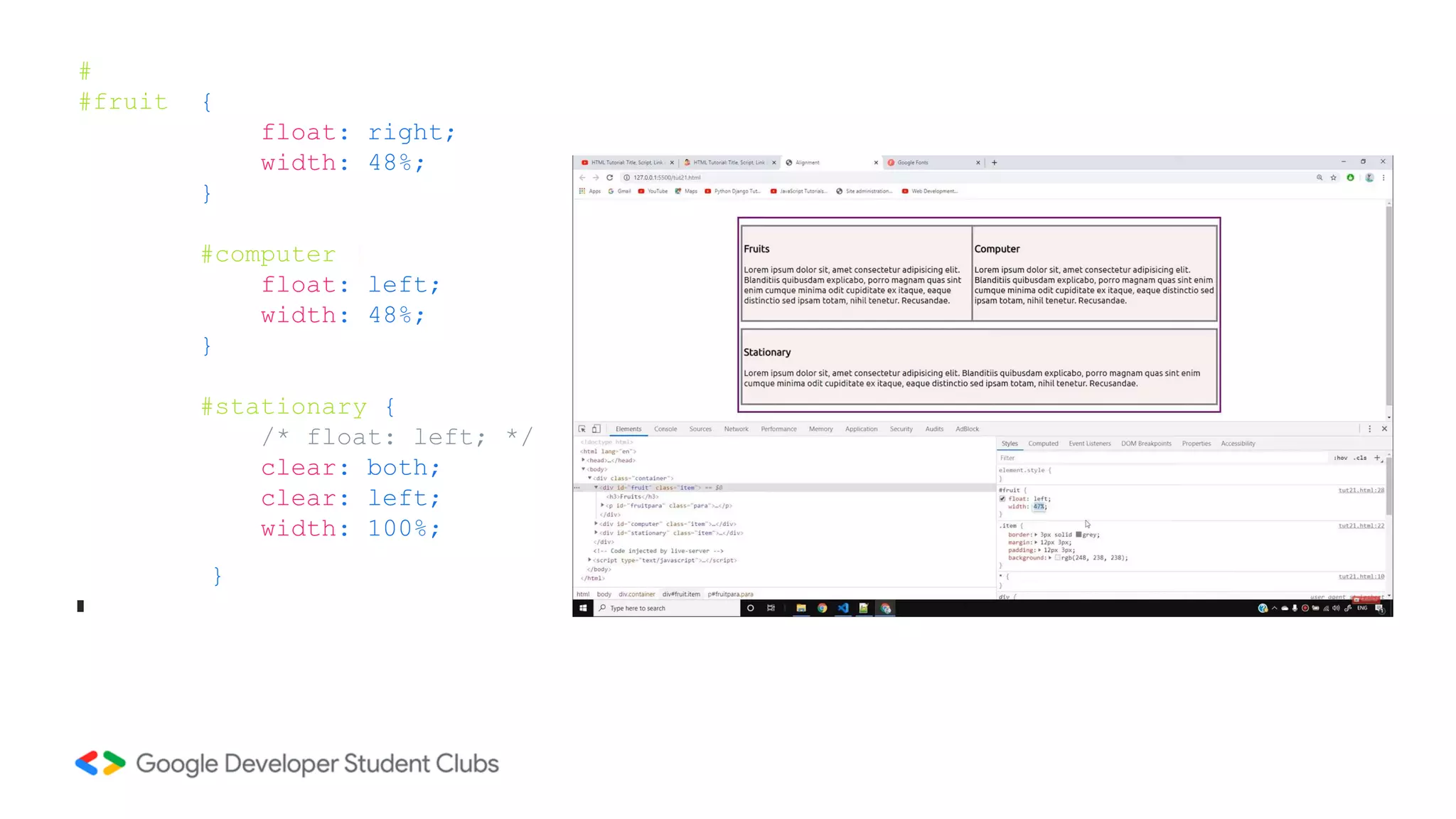 #
#fruit {
float: right;
width: 48%;
}
#computer {
float: left;
width: 48%;
}
#stationary {
/* float: left; */
clear: both;
clear: left;
width: 100%;
}
 