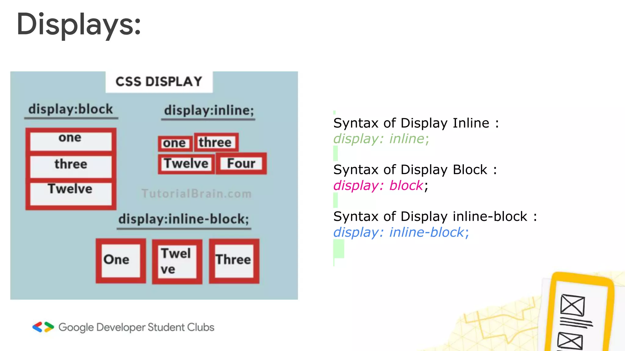 Displays:
Syntax of Display Inline :
display: inline;
Syntax of Display Block :
display: block;
Syntax of Display inline-block :
display: inline-block;
 