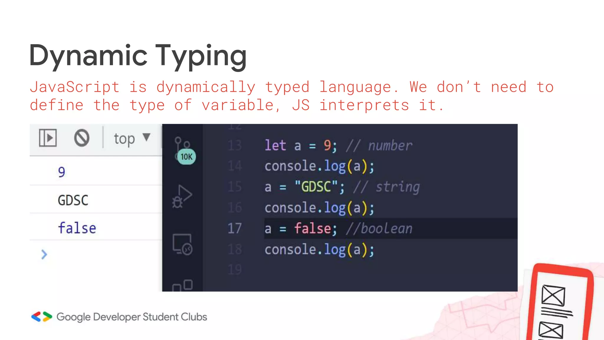 Dynamic Typing
JavaScript is dynamically typed language. We don’t need to
define the type of variable, JS interprets it.
 