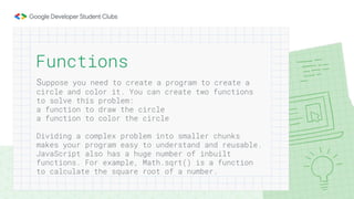 Suppose you need to create a program to create a
circle and color it. You can create two functions
to solve this problem:
a function to draw the circle
a function to color the circle
Dividing a complex problem into smaller chunks
makes your program easy to understand and reusable.
JavaScript also has a huge number of inbuilt
functions. For example, Math.sqrt() is a function
to calculate the square root of a number.
Functions
 