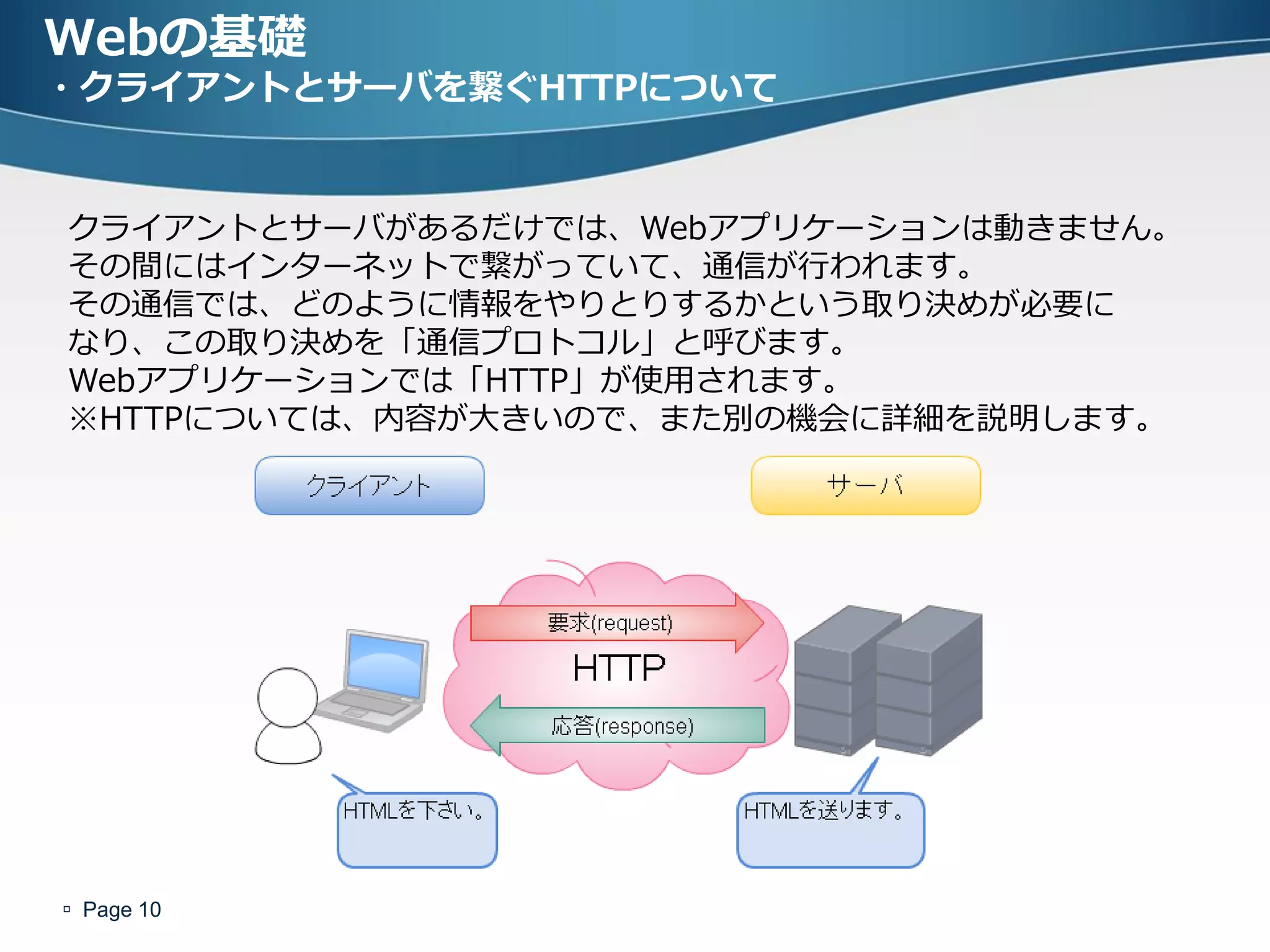 Webの基礎
・クライアントとサーバを繋ぐHTTPについて


クライアントとサーバがあるだけでは、Webアプリケーションは動きません。
その間にはインターネットで繋がっていて、通信が行われます。
その通信では、どのように情報をやりとりするかという取り決めが必要に
なり、この取り決めを「通信プロトコル」と呼びます。
Webアプリケーションでは「HTTP」が使用されます。
※HTTPについては、内容が大きいので、また別の機会に詳細を説明します。




 Page 10
 
