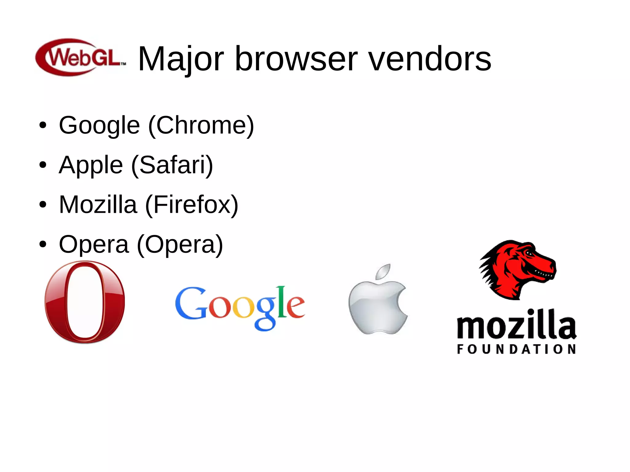 Major browser vendors
● Google (Chrome)
● Apple (Safari)
● Mozilla (Firefox)
● Opera (Opera)
 
