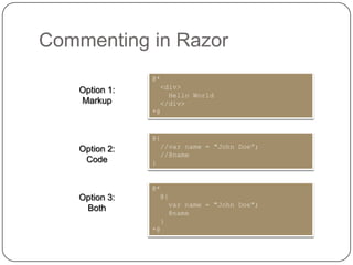 Commenting in Razor
                @*
                  <div>
    Option 1:
                    Hello World
    Markup        </div>
                *@


                @{
    Option 2:     //var name = "John Doe”;
                  //@name
     Code       }


                @*
    Option 3:     @{
                    var name = "John Doe";
     Both           @name
                  }
                *@
 
