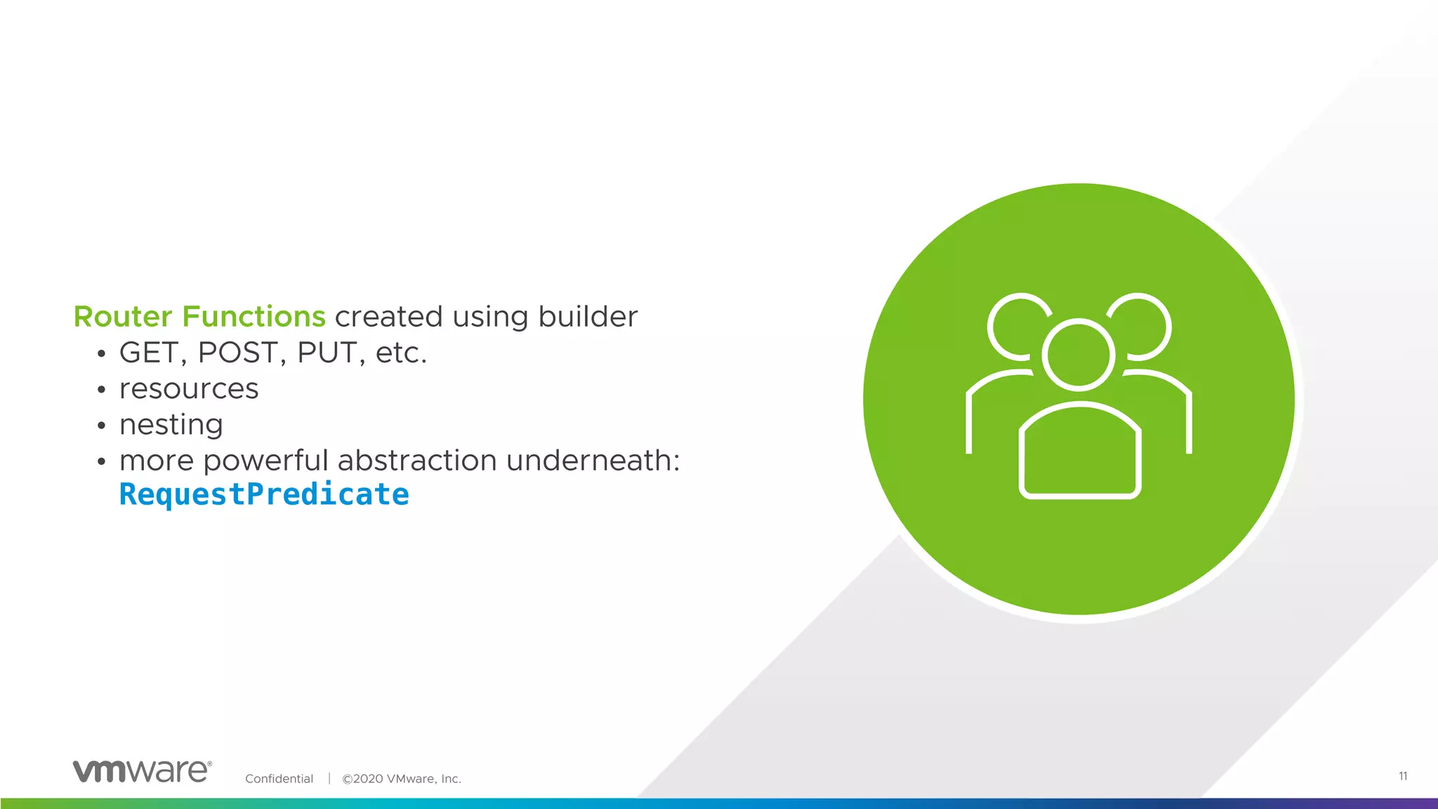 Confidential │ ©2020 VMware, Inc. 11
Router Functions created using builder
• GET, POST, PUT, etc.
• resources
• nesting
• more powerful abstraction underneath:
RequestPredicate
 