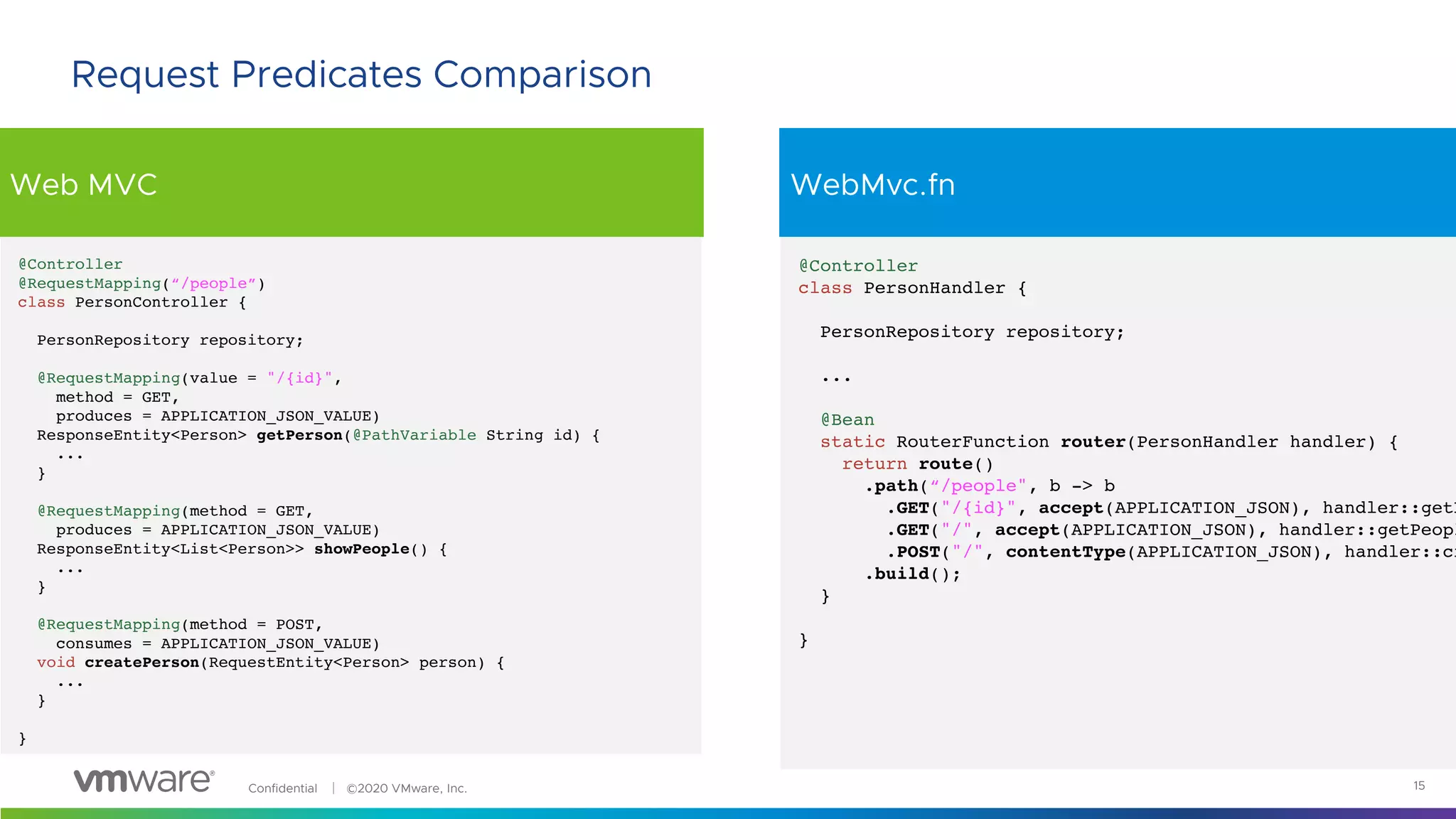 Confidential │ ©2020 VMware, Inc.
Web MVC WebMvc.fn
15
Request Predicates Comparison
@Controller
@RequestMapping(“/people”)
class PersonController {
PersonRepository repository;
@RequestMapping(value = "/{id}",
method = GET,
produces = APPLICATION_JSON_VALUE)
ResponseEntity<Person> getPerson(@PathVariable String id) {
...
}
@RequestMapping(method = GET,
produces = APPLICATION_JSON_VALUE)
ResponseEntity<List<Person>> showPeople() {
...
}
@RequestMapping(method = POST,
consumes = APPLICATION_JSON_VALUE)
void createPerson(RequestEntity<Person> person) {
...
}
}
@Controller
class PersonHandler {
PersonRepository repository;
...
@Bean
static RouterFunction router(PersonHandler handler) {
return route()
.path(“/people", b -> b
.GET("/{id}", accept(APPLICATION_JSON), handler::getP
.GET("/", accept(APPLICATION_JSON), handler::getPeopl
.POST("/", contentType(APPLICATION_JSON), handler::cr
.build();
}
}
 