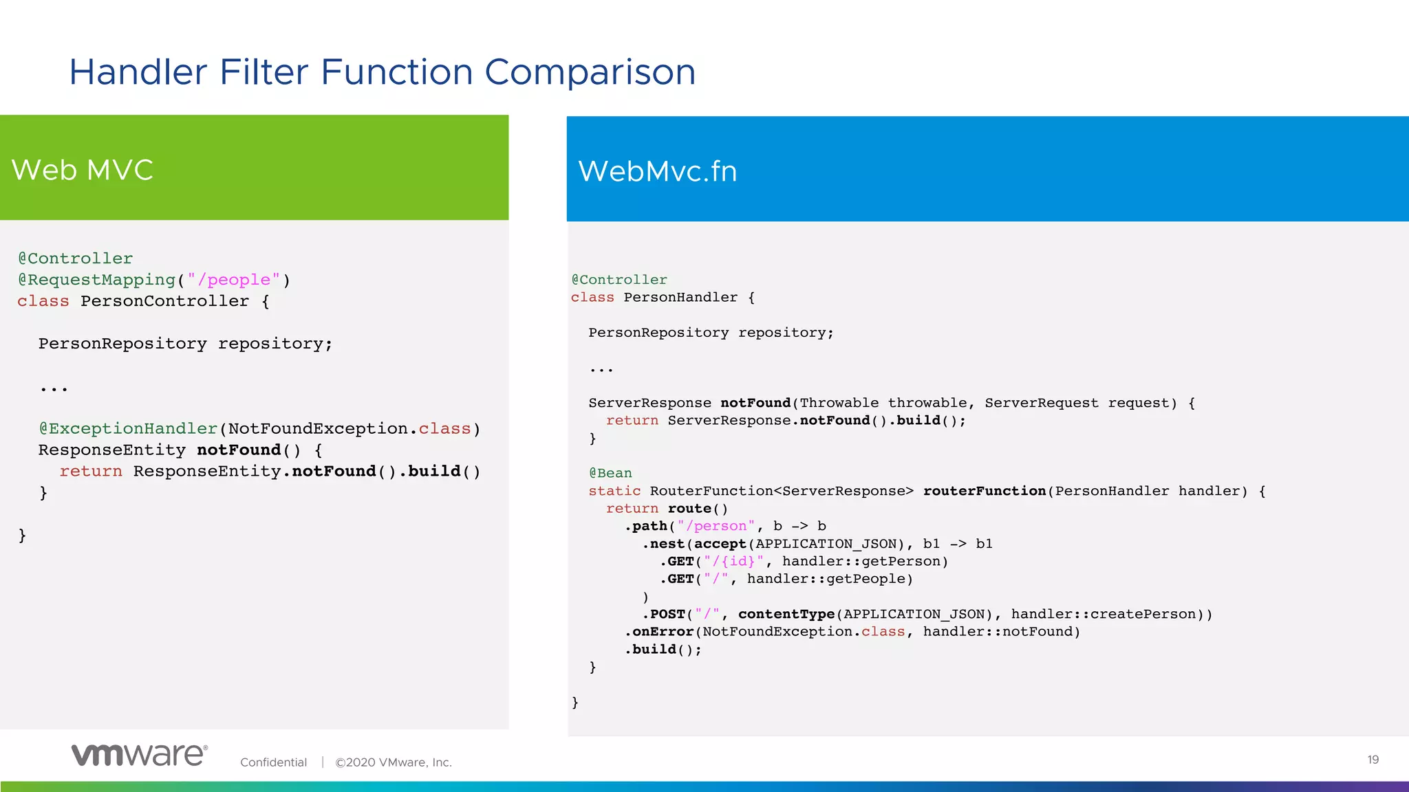Confidential │ ©2020 VMware, Inc.
Web MVC WebMvc.fn
19
Handler Filter Function Comparison
@Controller
@RequestMapping("/people")
class PersonController {
PersonRepository repository;
...
@ExceptionHandler(NotFoundException.class)
ResponseEntity notFound() {
return ResponseEntity.notFound().build()
}
}
@Controller
class PersonHandler {
PersonRepository repository;
...
ServerResponse notFound(Throwable throwable, ServerRequest request) {
return ServerResponse.notFound().build();
}
@Bean
static RouterFunction<ServerResponse> routerFunction(PersonHandler handler) {
return route()
.path("/person", b -> b
.nest(accept(APPLICATION_JSON), b1 -> b1
.GET("/{id}", handler::getPerson)
.GET("/", handler::getPeople)
)
.POST("/", contentType(APPLICATION_JSON), handler::createPerson))
.onError(NotFoundException.class, handler::notFound)
.build();
}
}
 