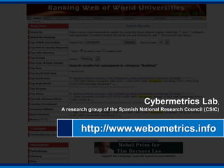  Design and Weighting of Indicatorsa) The volume of the Web contents (number of web pages and files)and b) the visibility and impact of these web publicationsaccording to the number of external inlinks (site citations) they received