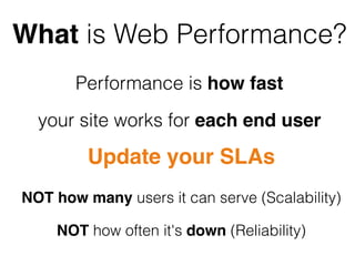 What is Web Performance?
       Performance is how fast
  your site works for each end user
         Update your SLAs
NOT how many users it can serve (Scalability)

    NOT how often it's down (Reliability)
 