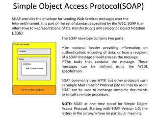 SOAP provides the envelope for sending Web Services messages over the
Internet/Internet. It is part of the set of standard...