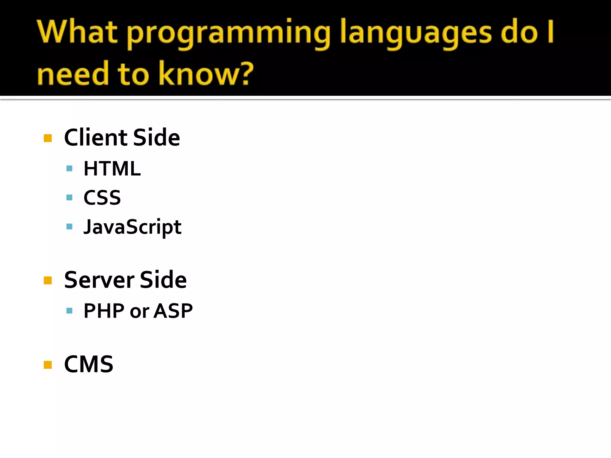    Client Side
     HTML
     CSS
     JavaScript

   Server Side
     PHP or ASP

   CMS
 