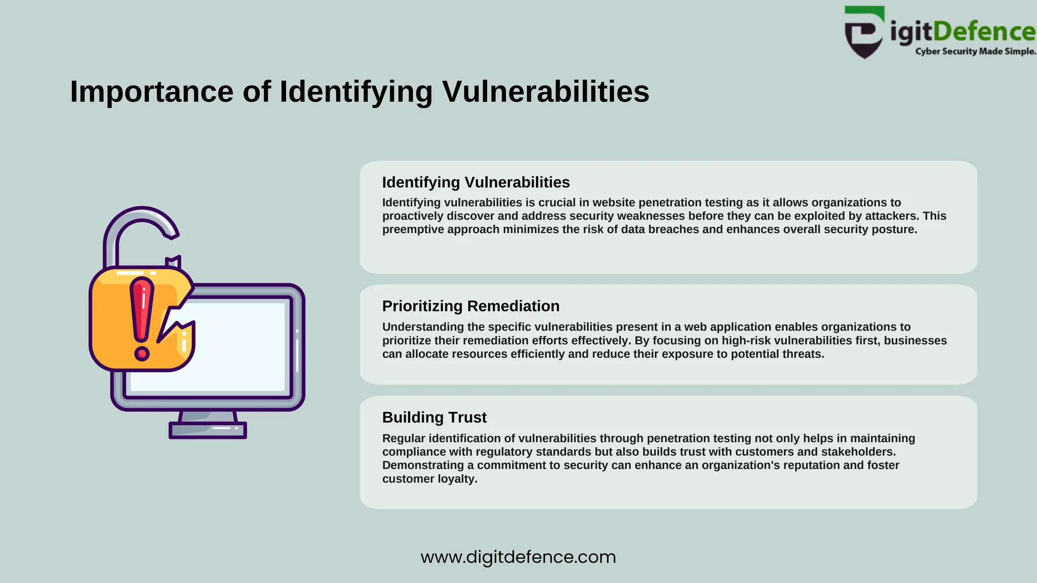 Identifying Vulnerabilities
Prioritizing Remediation
Building Trust
Identifying vulnerabilities is crucial in website penetration testing as it allows organizations to
proactively discover and address security weaknesses before they can be exploited by attackers. This
preemptive approach minimizes the risk of data breaches and enhances overall security posture.
Understanding the specific vulnerabilities present in a web application enables organizations to
prioritize their remediation efforts effectively. By focusing on high-risk vulnerabilities first, businesses
can allocate resources efficiently and reduce their exposure to potential threats.
Regular identification of vulnerabilities through penetration testing not only helps in maintaining
compliance with regulatory standards but also builds trust with customers and stakeholders.
Demonstrating a commitment to security can enhance an organization's reputation and foster
customer loyalty.
Importance of Identifying Vulnerabilities
www.digitdefence.com
 