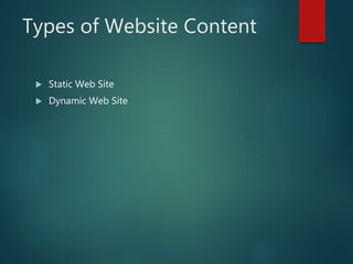 Types of Website Content
 Static Web Site
 Dynamic Web Site
 