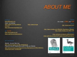 ABOUT ME
http://www.tonyparisi.com 10/7/2015
CONTACT
tparisi@gmail.com
skype: auradeluxe
http://twitter.com/auradeluxe http://www.tonypa
risi.com/
http://www.learningwebgl.com/
GET THE BOOKS!
WebGL: Up and Running
http://www.amazon.com/dp/144932357X
Programming 3D Applications with HTML and WebGL
http://www.amazon.com/Programming-Applications-HTML5-WebGL-
Visualization/dp/1449362966
MEETUPS
http://www.meetup.com/WebGL-Developers-Meetup/
http://www.meetup.com/Web-VR/
BOOK CODE
https://github.com/tparisi/WebGLBook
https://github.com/tparisi/Programming3DApplications
GET GLAM
http://www.glamjs.org/
https://github.com/tparisi/glam/
WORK
http://www.wevr.com/
CREDS
Co-creator, VRML and X3D
 