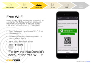 Start a new day Get to work Mid-day break Off Duty Leisure Bedtime
*View demo video on Youtube
Free Wi-Fi
Many shops offer incentives like Wi-Fi in
exchange for following their accounts.
Payment also makes it easy to split a
check from lunch among colleagues.
• Gain followers by offering Wi-Fi, free
photo-prints
• Offer utilities like online payment or
discounts at lunch
• Split costs between diners
• Think iBeacons
“Follow the MacDonald’s
account for free Wi-Fi!”
 
