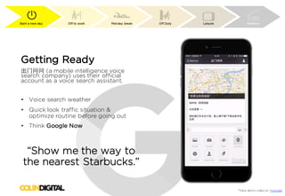 Start a new day Off to work Mid-day break Off Duty Leisure Bedtime
*View demo video on Youtube
Getting Ready
出⻔问问 (a mobile intelligence voice
search company) uses their official
account as a voice search assistant.
• Voice search weather
• Quick look traffic situation &
optimize routine before going out
• Think Google Now
“Show me the way to
the nearest Starbucks.”
 
