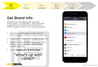 Start a new day Get to work Mid-day break Off Duty Leisure Bedtime
*View demo video on Youtube
Get Brand Info
Brands can run accounts to push
information to followers. WeChat also
supports rich-media and interactive
HTML pages within it’s in-app browser.
• Reading high quality subscriptions
from brands / media / influencers, etc
• Enjoy rich-media micro-sites or games
• Delivered to you like messages from
friends so you know when there’s
something new
• Think Facebook’s brand pages
“What’s up with
VANS?”
 