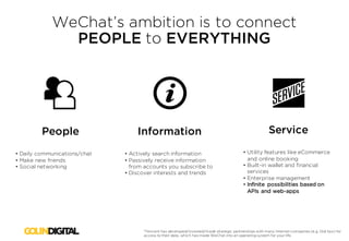 WeChat’s ambition is to connect
PEOPLE to EVERYTHING
Information
• Actively search information
• Passively receive informa...
