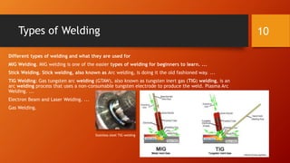 Types of Welding
Different types of welding and what they are used for
MIG Welding. MIG welding is one of the easier types of welding for beginners to learn. ...
Stick Welding. Stick welding, also known as Arc welding, is doing it the old fashioned way. ...
TIG Welding: Gas tungsten arc welding (GTAW), also known as tungsten inert gas (TIG) welding, is an
arc welding process that uses a non-consumable tungsten electrode to produce the weld. Plasma Arc
Welding. ...
Electron Beam and Laser Welding. ...
Gas Welding.
10
Stainless steel TIG welding
 
