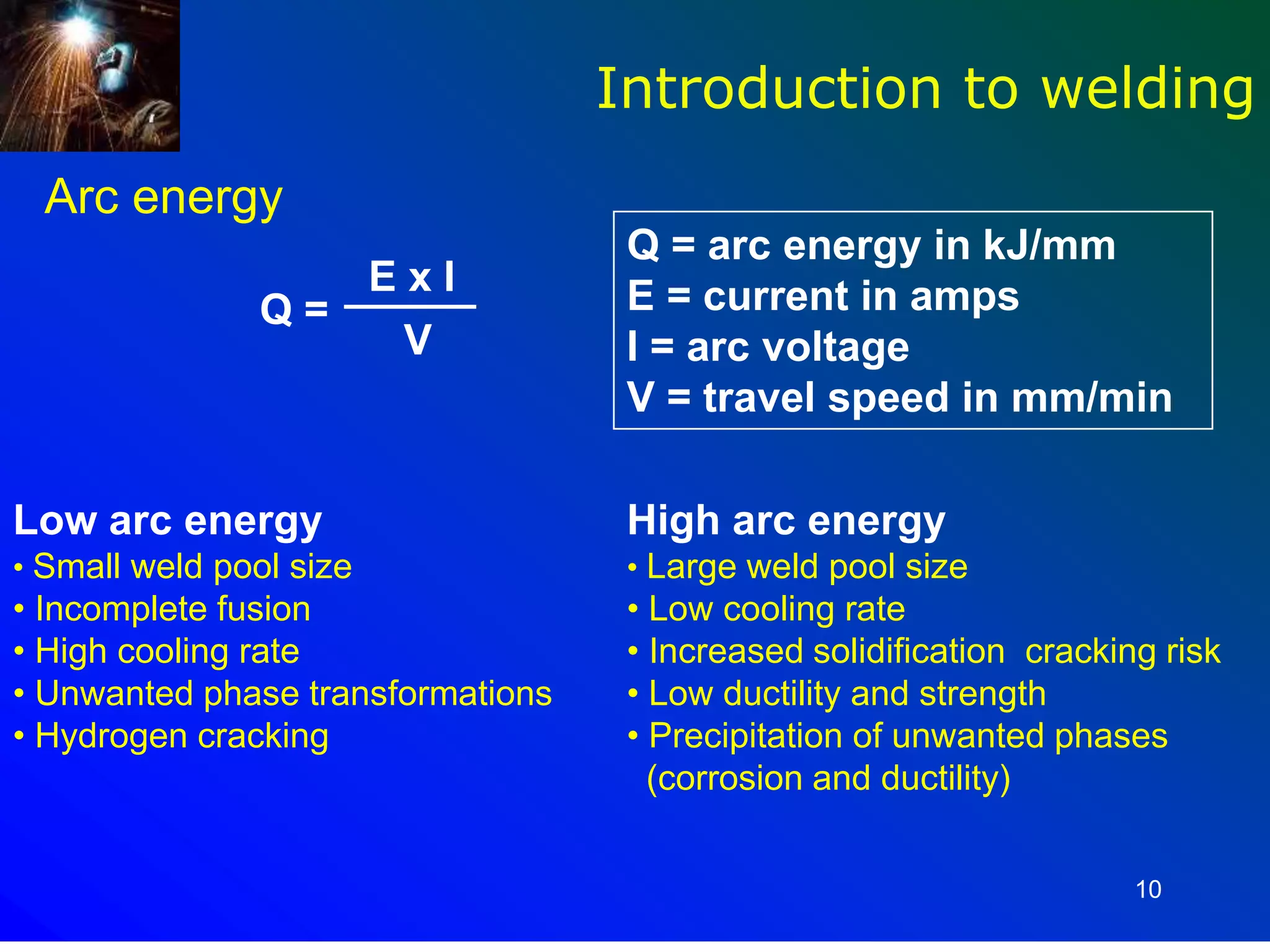 10
Arc energy
Q = arc energy in kJ/mm
E = current in amps
I = arc voltage
V = travel speed in mm/min
Low arc energy
• Small weld pool size
• Incomplete fusion
• High cooling rate
• Unwanted phase transformations
• Hydrogen cracking
High arc energy
• Large weld pool size
• Low cooling rate
• Increased solidification cracking risk
• Low ductility and strength
• Precipitation of unwanted phases
(corrosion and ductility)
Introduction to welding
Q =
E x I
V
 