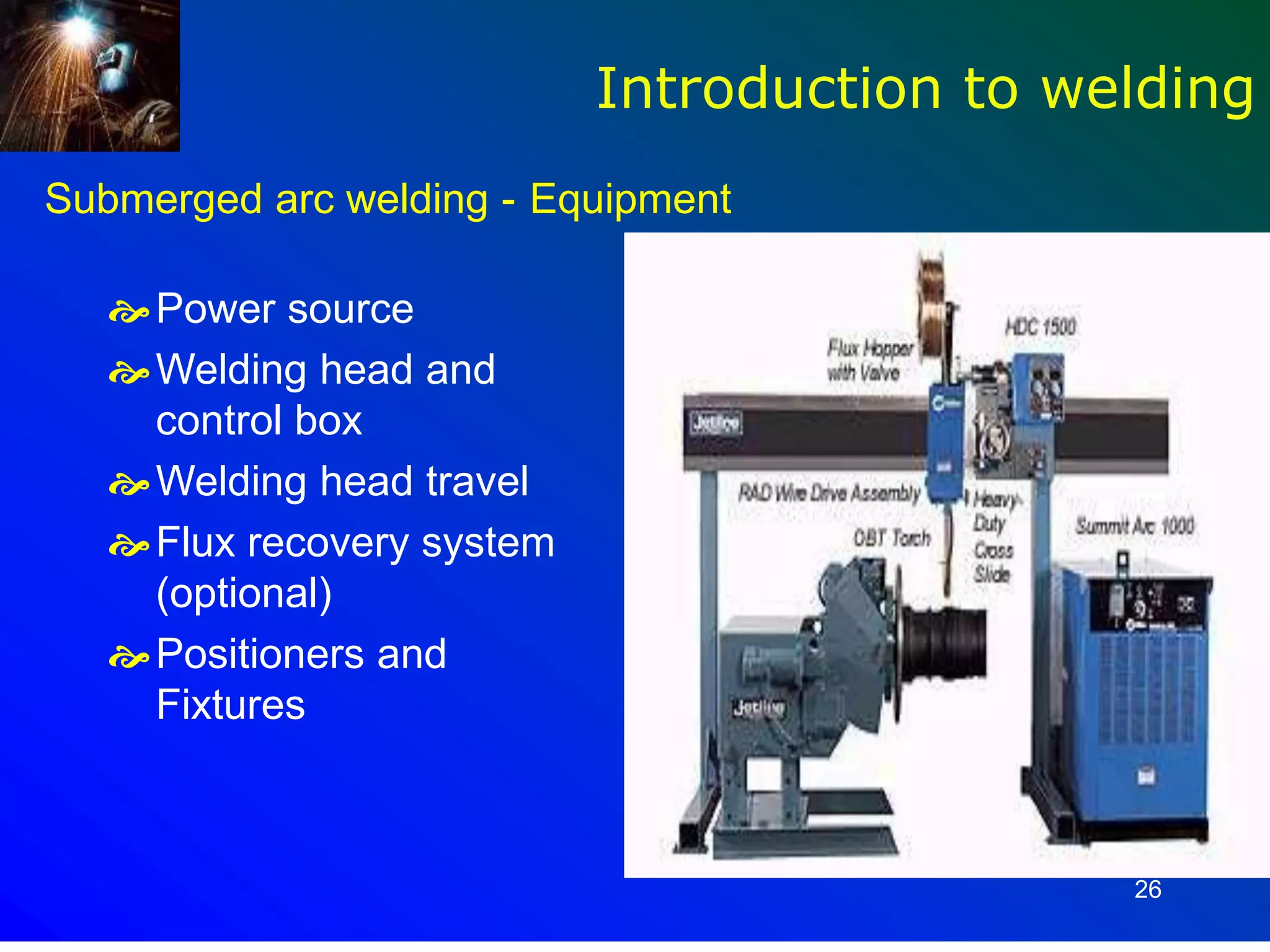 26
Submerged arc welding - Equipment
Power source
Welding head and
control box
Welding head travel
Flux recovery system
(optional)
Positioners and
Fixtures
Introduction to welding
 