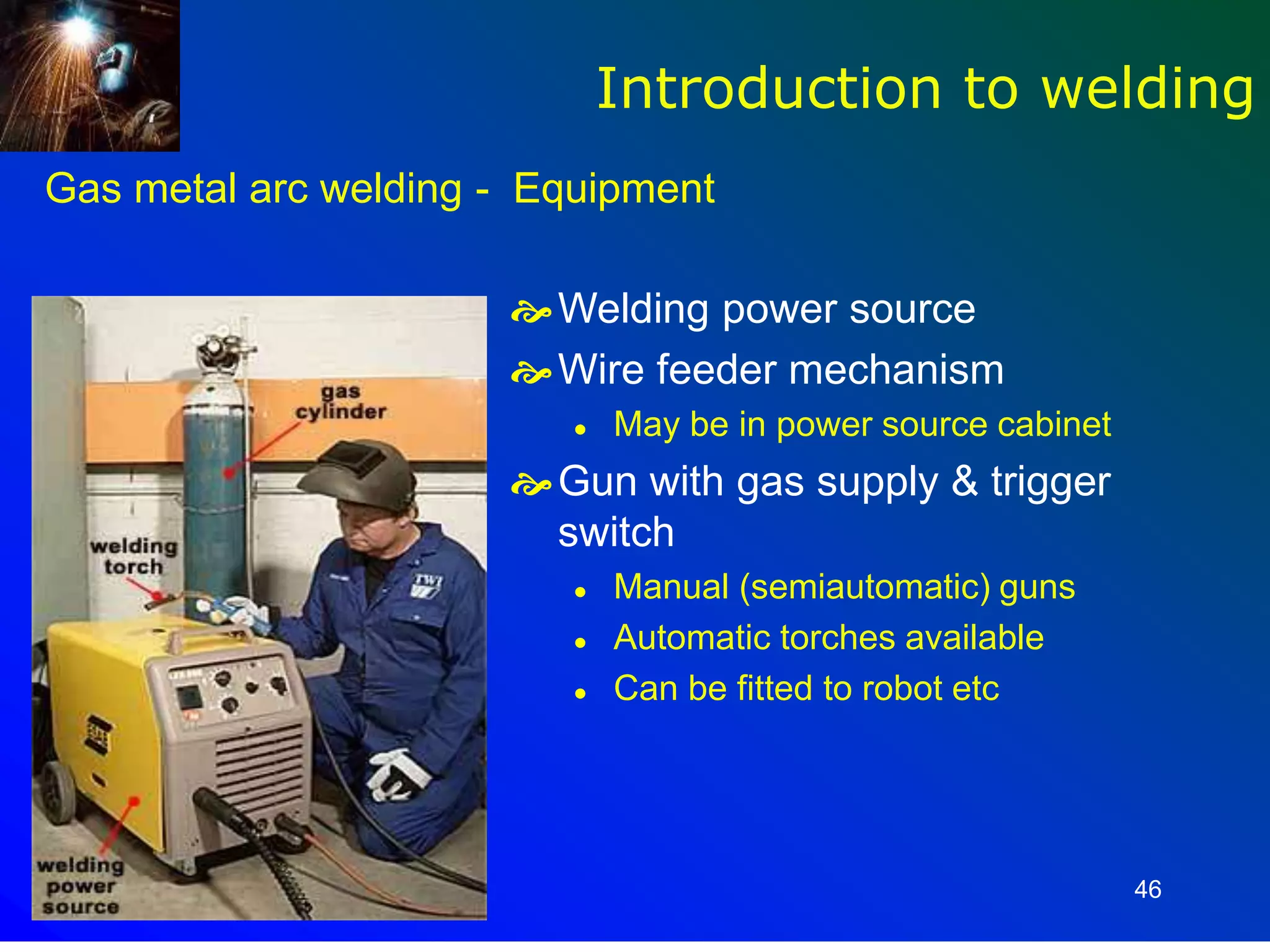 46
Gas metal arc welding - Equipment
Welding power source
Wire feeder mechanism
 May be in power source cabinet
Gun with gas supply & trigger
switch
 Manual (semiautomatic) guns
 Automatic torches available
 Can be fitted to robot etc
Introduction to welding
 