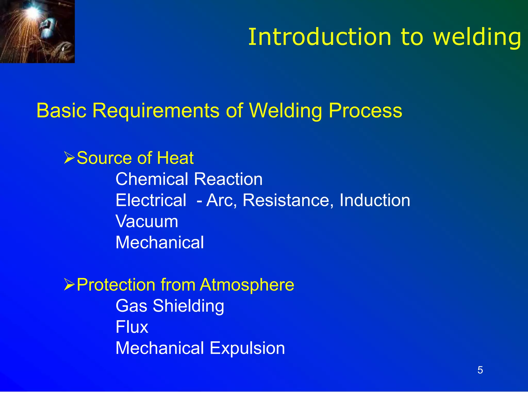 5
Introduction to welding
Basic Requirements of Welding Process
Source of Heat
Chemical Reaction
Electrical - Arc, Resistance, Induction
Vacuum
Mechanical
Protection from Atmosphere
Gas Shielding
Flux
Mechanical Expulsion
 