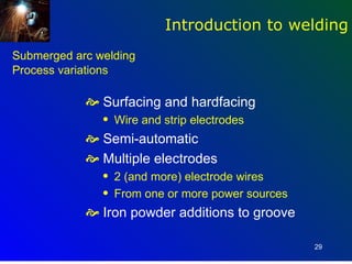 Introduction to welding
Submerged arc welding
Process variations

             Surfacing and hardfacing
               q   Wire and strip electrodes
             Semi-automatic
             Multiple electrodes
               q   2 (and more) electrode wires
               q   From one or more power sources
             Iron powder additions to groove

                                                    29
 