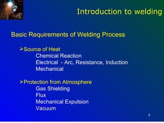 Introduction to welding


Basic Requirements of Welding Process

  Source of Heat
       Chemical Reaction
       Electrical - Arc, Resistance, Induction
       Mechanical

  Protection from Atmosphere
        Gas Shielding
        Flux
        Mechanical Expulsion
        Vacuum
                                                 5
 