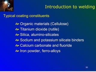 Introduction to welding

Typical coating constituents

        Organic materials (Cellulose)
        Titanium dioxide (rutile)
        Silica, alumino-silicates
        Sodium and potassium silicate binders
        Calcium carbonate and fluoride
        Iron powder, ferro-alloys



                                                 93
 