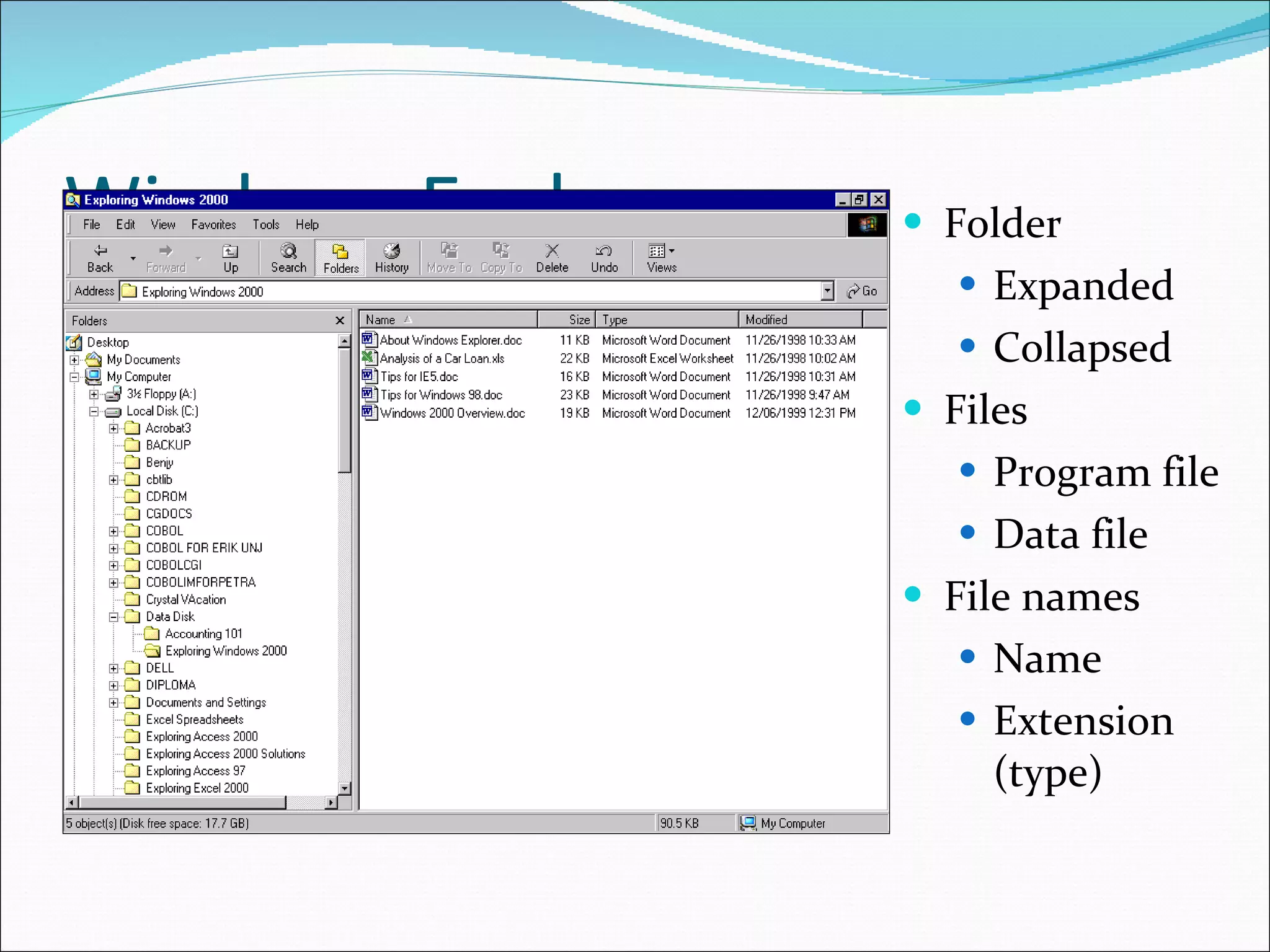 Windows Explorer Folder Expanded Collapsed Files Program file Data file File names Name Extension (type) 