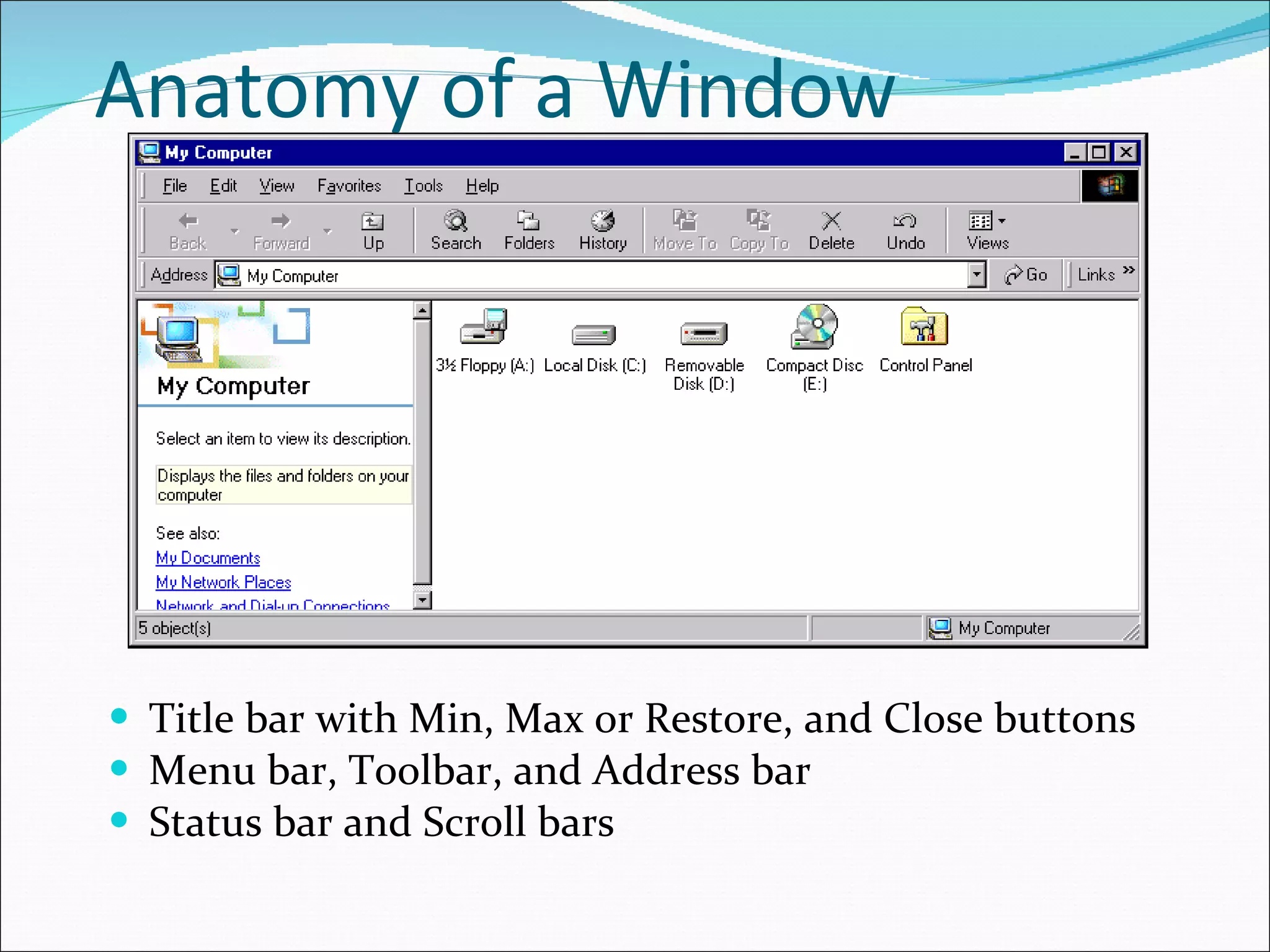 Anatomy of a Window Title bar with Min, Max or Restore, and Close buttons Menu bar, Toolbar, and Address bar Status bar and Scroll bars 