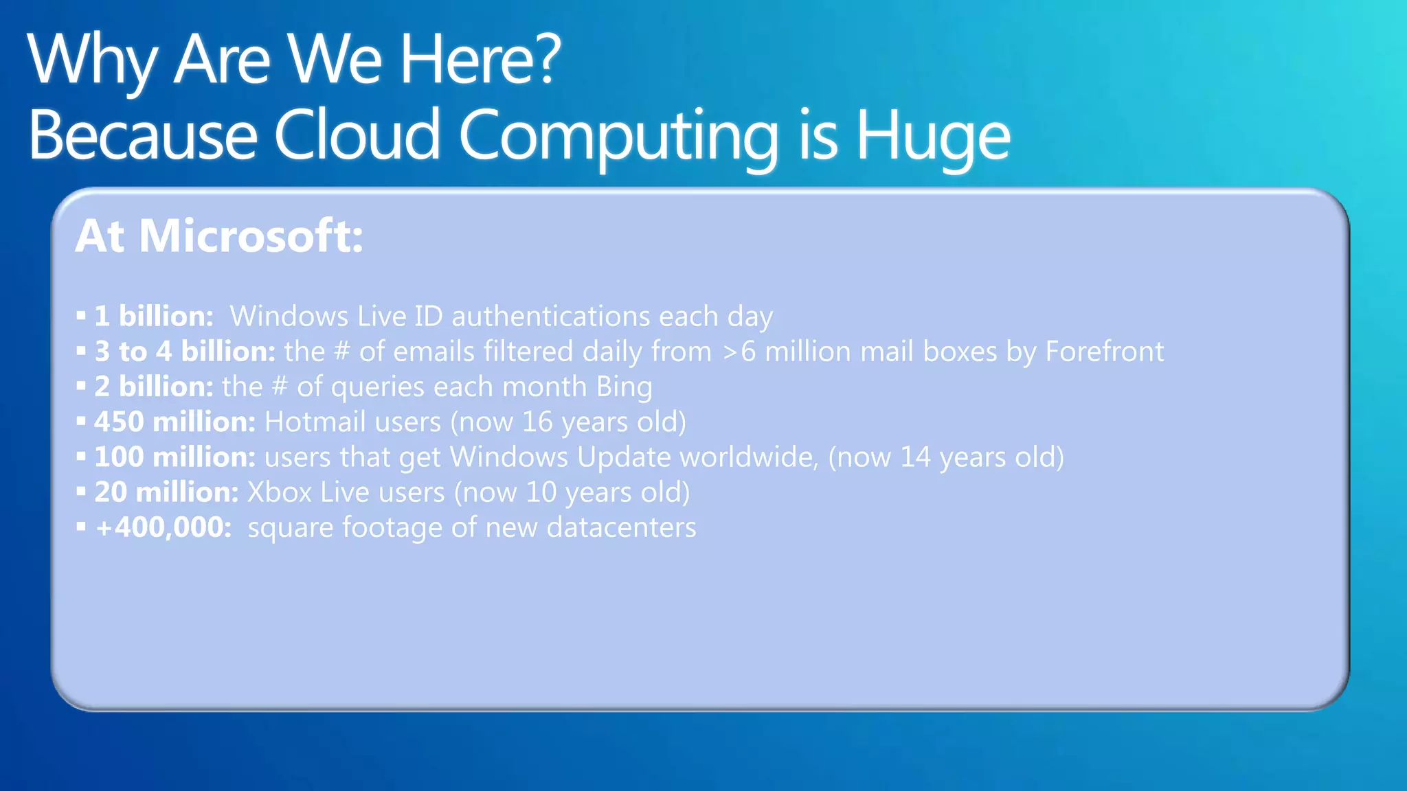 At Microsoft:  1 billion: Windows Live ID authentications each day  3 to 4 billion: the # of emails filtered daily from >6 million mail boxes by Forefront  2 billion: the # of queries each month Bing  450 million: Hotmail users (now 16 years old)  100 million: users that get Windows Update worldwide, (now 14 years old)  20 million: Xbox Live users (now 10 years old)  +400,000: square footage of new datacenters 