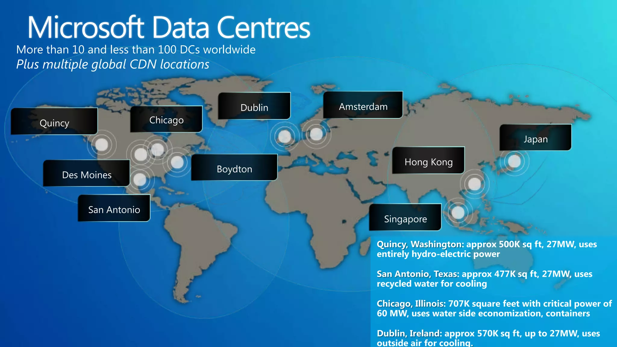 More than 10 and less than 100 DCs worldwide Plus multiple global CDN locations Dublin Amsterdam Quincy Chicago Japan Hong Kong Boydton Des Moines San Antonio Singapore Quincy, Washington: approx 500K sq ft, 27MW, uses entirely hydro-electric power San Antonio, Texas: approx 477K sq ft, 27MW, uses recycled water for cooling Chicago, Illinois: 707K square feet with critical power of 60 MW, uses water side economization, containers Dublin, Ireland: approx 570K sq ft, up to 27MW, uses outside air for cooling. 