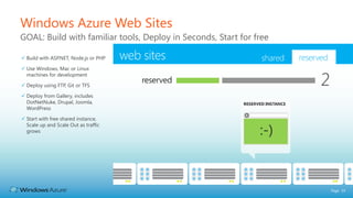 Windows Azure Web Sites
GOAL: Build with familiar tools, Deploy in Seconds, Start for free

 Build with ASP.NET, Node.js or PHP

 Use Windows, Mac or Linux
  machines for development

 Deploy using FTP, Git or TFS

 Deploy from Gallery, includes
  DotNetNuke, Drupal, Joomla,
  WordPress

 Start with free shared instance,
  Scale up and Scale Out as traffic
  grows




                                                                     Page 19
 