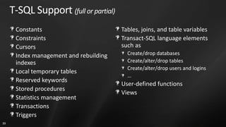 T-SQL Support (full or partial)
      Constants                         Tables, joins, and table variables
      Constraints                       Transact-SQL language elements
      Cursors                           such as
      Index management and rebuilding     Create/drop databases
      indexes                             Create/alter/drop tables
                                          Create/alter/drop users and logins
      Local temporary tables
                                          …
      Reserved keywords
                                        User-defined functions
      Stored procedures
                                        Views
      Statistics management
      Transactions
      Triggers
39
 