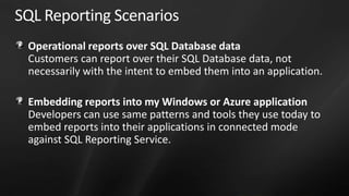 SQL Reporting Scenarios
 Operational reports over SQL Database data
 Customers can report over their SQL Database data, not
 necessarily with the intent to embed them into an application.

 Embedding reports into my Windows or Azure application
 Developers can use same patterns and tools they use today to
 embed reports into their applications in connected mode
 against SQL Reporting Service.
 
