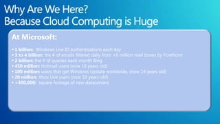 At Microsoft:
 1 billion: Windows Live ID authentications each day
 3 to 4 billion: the # of emails filtered daily from >6 million mail boxes by Forefront
 2 billion: the # of queries each month Bing
 450 million: Hotmail users (now 16 years old)
 100 million: users that get Windows Update worldwide, (now 14 years old)
 20 million: Xbox Live users (now 10 years old)
 +400,000: square footage of new datacenters
 