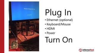 Plug In
• Ethernet (optional)
• Keyboard/Mouse
• HDMI
• Power
Turn On
 