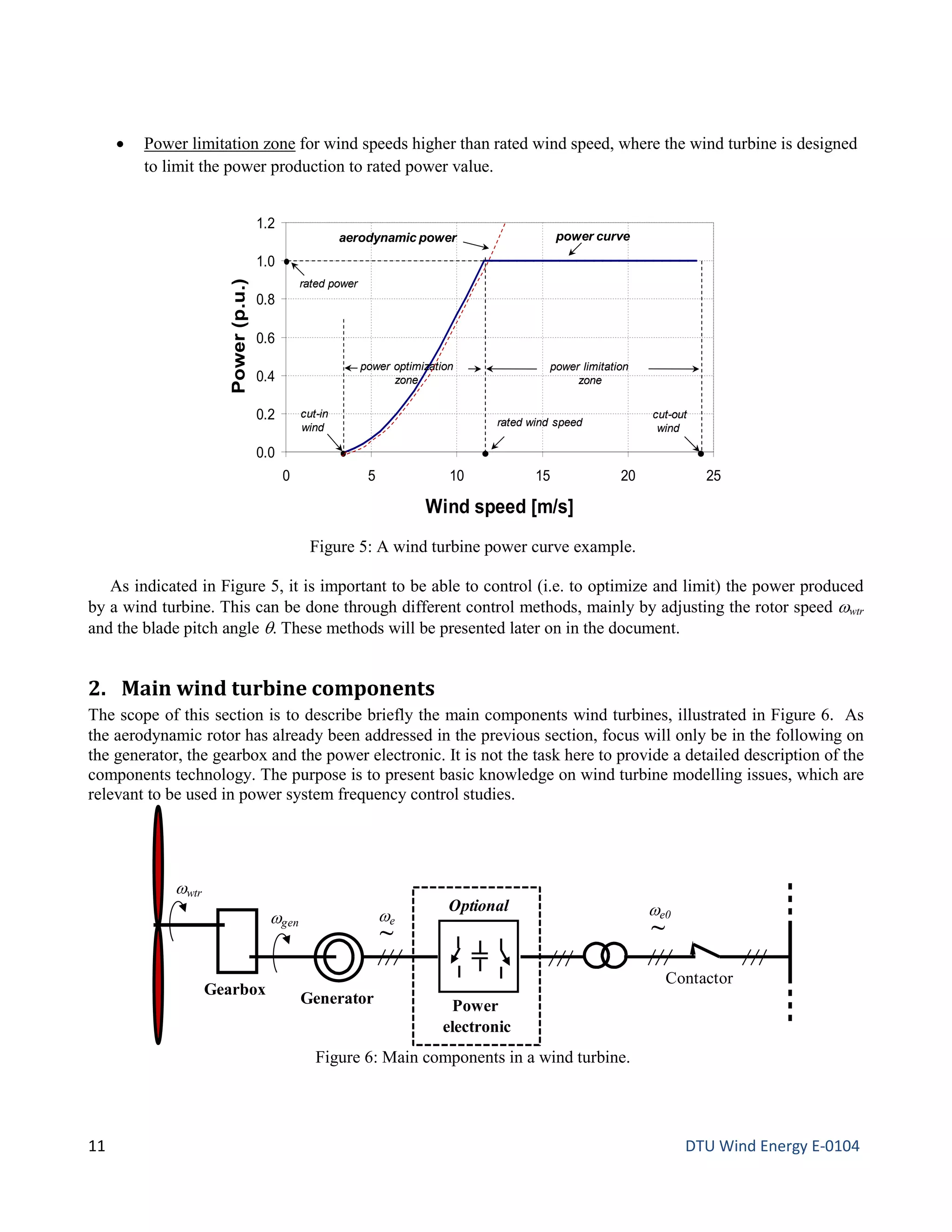 • Power limitation zone for wind speeds higher than rated wind speed, where the wind turbine is designed
to limit the power production to rated power value.
As indicated in Figure 5, it is important to be able to control (i.e. to optimize and limit) the power produced
by a wind turbine. This can be done through different control methods, mainly by adjusting the rotor speed ωwtr
and the blade pitch angle θ. These methods will be presented later on in the document.
2. Main wind turbine components
The scope of this section is to describe briefly the main components wind turbines, illustrated in Figure 6. As
the aerodynamic rotor has already been addressed in the previous section, focus will only be in the following on
the generator, the gearbox and the power electronic. It is not the task here to provide a detailed description of the
components technology. The purpose is to present basic knowledge on wind turbine modelling issues, which are
relevant to be used in power system frequency control studies.
Figure 5: A wind turbine power curve example.
Figure 6: Main components in a wind turbine.
0.0
0.2
0.4
0.6
0.8
1.0
1.2
0 5 10 15 20 25
Wind speed [m/s]
Power(p.u.) aerodynamic power power curve
rated wind speed
rated power
cut-out
wind
cut-in
wind
power limitation
zone
power optimization
zone
Gearbox
Generator
Contactor
ωgen
ωe0
~
ωe
~
Power
electronic
=
ωwtr
Optional
11 DTU Wind Energy E-0104
 